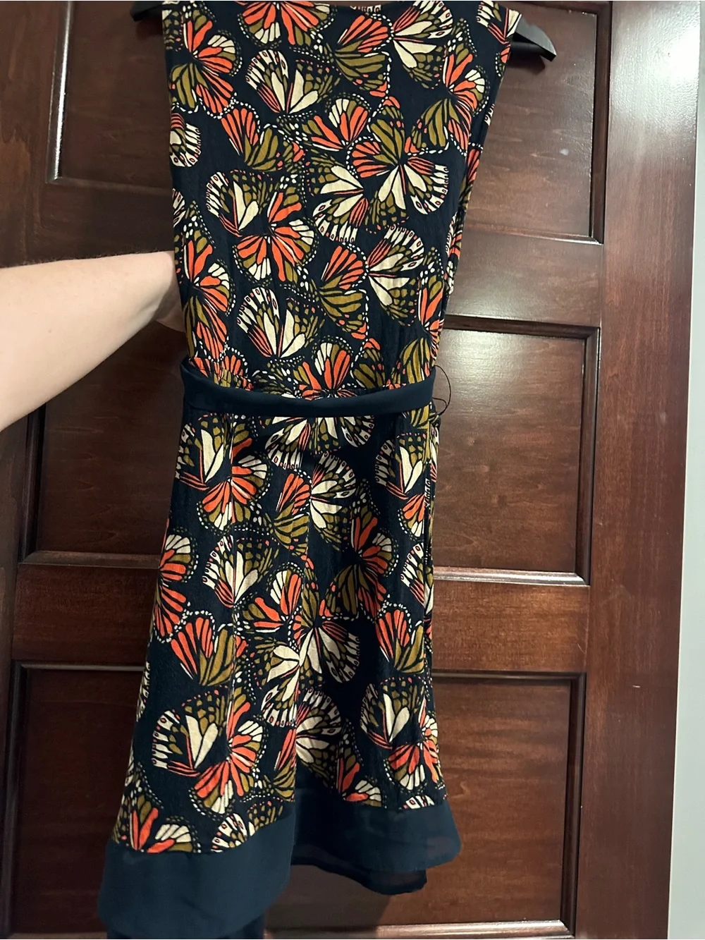 Modcloth Navy Sleeveless Tunic with Orange, Cream, and Olive Butterfly Print - Picture 3 of 6